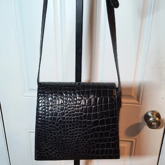 Vintage TALBOTS Black/Gold Crocodile Embossed Crossbody Bag NICE - Picture 9 of 15
